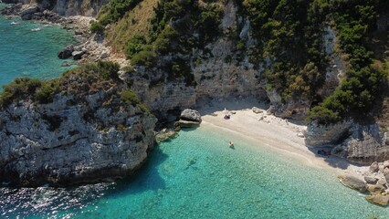 Aerial view of the Agia Eleni remote rocky beach in Kefalonia Island, Greece