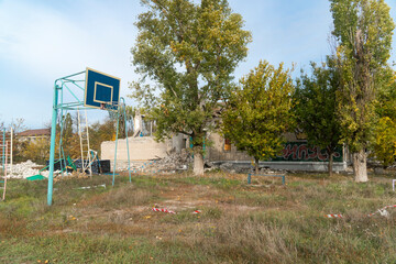 War in Ukraine. 2022 Russian invasion of Ukraine. Stadium of the destroyed school. Destruction of infrastructure. Terror of the civilian population. War crimes
