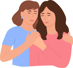 Young woman comforting her crying best friend. Woman consoling and care about sad, depressed girlfriend. Help and support concept. Vector illustration