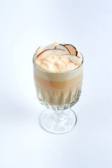 Raf coffee with chips in a glass, white background