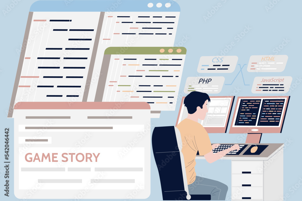 Leinwandbilder Game development. People programming software or coding video gaming script. Freelance occupation. Man working with computer. Programmers write play story. Developer job. Vector concept