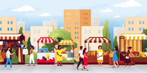 Fototapeta Traditional vegetable market. Sellers booth. Agriculture food fair trade. Grocery kiosks. City marketplace. People walking and shopping in bazaar stalls. Vector illustration background obraz
