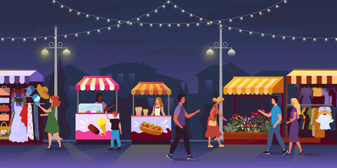 Night market. Festival food stall. Outdoor shops. Local fair street. Marketplace flyer. Summer city evening panorama. People walking and shopping in kiosks. Vector cartoon illustration