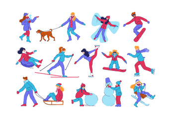 Fototapeta na wymiar People winter activity. Snow skiers. Persons ride on sled or snowboard. Christmas snowman silhouette. Kids walk with dog. Outdoor sport. Children active leisure set. Vector illustration