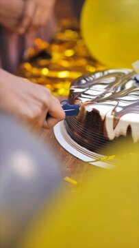 Birthday Cake Cutting, chocolate cake on a plate