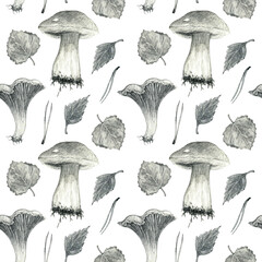 Mushrooms seamless pattern. Pencil graphics. Hand drawn. Design for fabric, wallcovering, postcards, invitations, paper for scrapbooking.