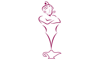 Genie Magical character with moustache cartoon and lamp. Traditional Persian tale powerful magical vector creature.