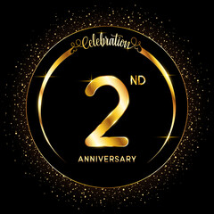 2nd Anniversary. Perfect logo design to celebrate Anniversary with gold color ring, For greeting card, invitation card, flyer, banner, poster, vector illustration