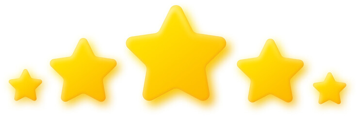 Five golden 3d stars isolated on transparent background. 5 cute cartoon shiny stars various sizes. 5 star rank sign. Ranking system. Rating product review signs, customer reviews, quality shape