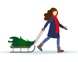 A GIRL IN A RED SCARF CARRIES A CHRISTMAS TREE ON A SLEIGH HOME IN WINTER TO DECORATE FOR THE CHRISTMAS HOLIDAY. ILLUSTRATION FLAT STYLE.