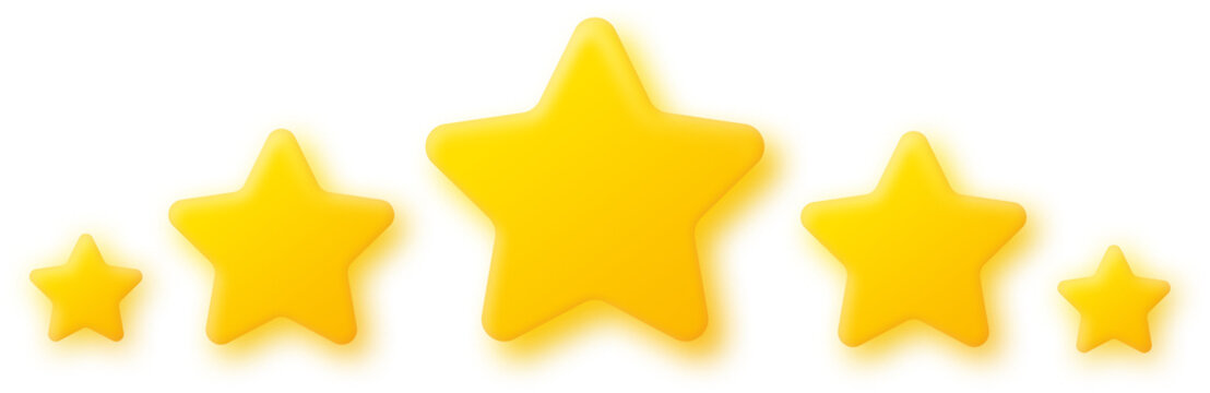Five golden 3d stars isolated on transparent background. 5 cute cartoon shiny stars various sizes. 5 star rank sign. Ranking system. Rating product review signs, customer reviews, quality shape