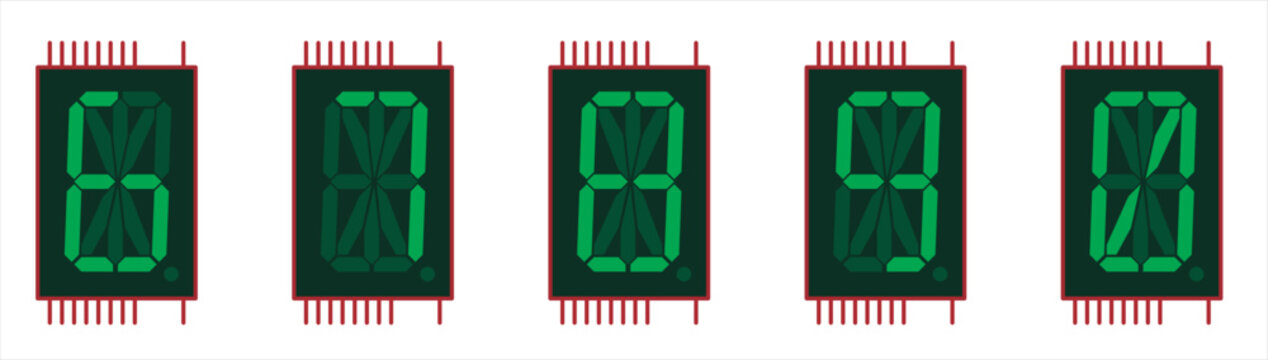 Vector image of a single-digit sixteen-segment
liquid crystal indicator chip in 
green color.
Displaying digits from six to nine and zero on
the screen of the sixteen segment
indicator microchip