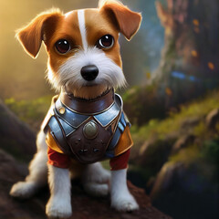 Adorable tiny Jack russel terrier puppy as cartoon adventurer