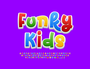 Vector playful sign Funky Kids. Colorful Funny Font. Bright children's 3D Alphabet Letters and Numbers.