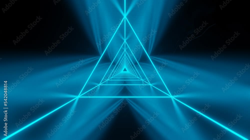 Poster blue neon glowing lines inside an mirror tunnel. seamless loop animation with neon glowing lights. 3