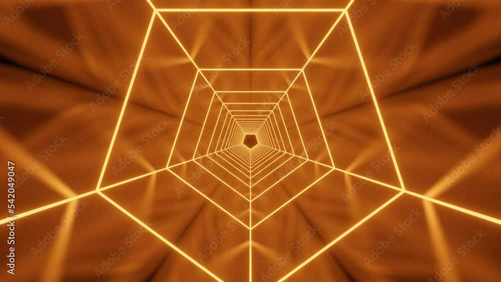 Poster orange neon glowing lines in mirror tunnel. seamless loop animation with neon glowing lights. 3d ren