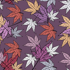 Fototapeta premium Seamless pattern, background of colored maple leaves. Bright autumn background in purple, red and yellow with white tones.