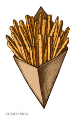 Carnival food hand drawn vector illustrations collection. Colored french fries.