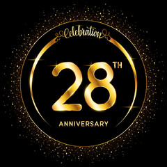 28th Anniversary. Perfect logo design to celebrate Anniversary with gold color ring, For greeting card, invitation card, flyer, banner, poster, vector illustration