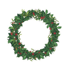 Fototapeta na wymiar Wreath Mistletoe, holly Christmas isolated on white. Watercolor hand drawn frame. Illustration for design