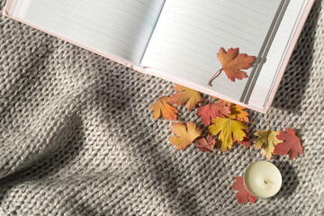 pink open notebook and autumn colorful leaves on the background of a knitted gray fabric.