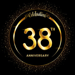 38th Anniversary. Perfect logo design to celebrate Anniversary with gold color ring, For greeting card, invitation card, flyer, banner, poster, vector illustration