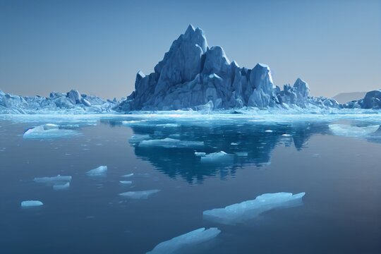 Glacier Landscape With Iceberg, Global Warming, Melting Ice Caps, Polar Sea And Blue Sky, Greenland And Antarctica Ice, Digital Illustration