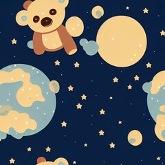 Cute little teddy bear sleeping on the moon seamless pattern design, 2d illustrated illustration, kids fashion artworks, baby graphics for wallpapers and prints.