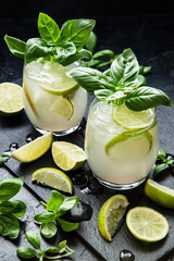 Fresh  citrus  drink with  lime and  basil green leaves