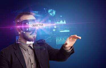 Businessman looking through Virtual Reality glasses