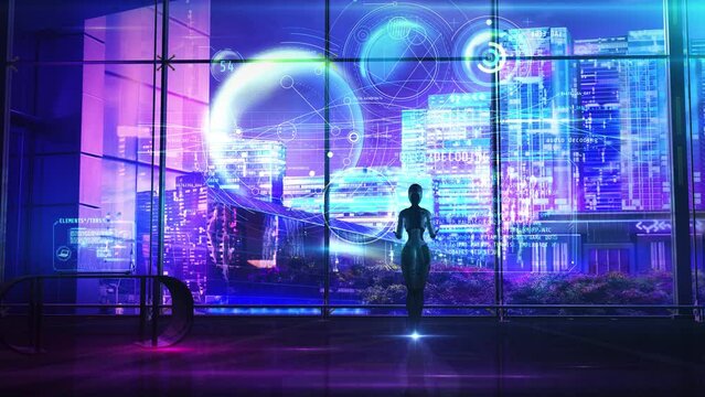 Android and virtual data panel, 3D render.