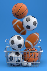 Set of ball like basketball, football and golf in shopping basket on blue