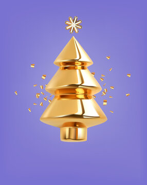 Merry Christmas purple background. Xmas template with 3d render decorative gold christmas tree, tinsel confetti, gold star. Holiday winter decoration. Cartoon vector illustration