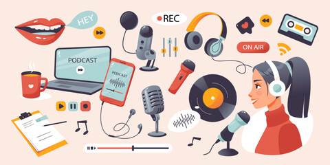 Podcast set. Podcast elements, microphone, headphones, player, recording. A person records a podcast. Cartoon vector illustration