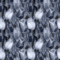 Seamless watercolor pattern, tulips wallpaper, wrapping paper, textile psychedelic, black and white, purple background