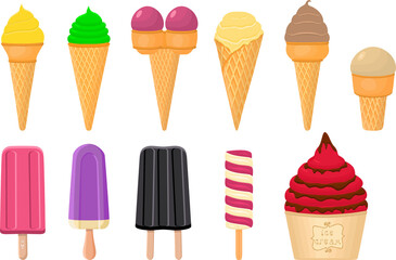 big kit ice cream popsicle different types in cone waffle cup