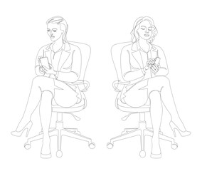 Collection. Silhouette of a girl in a modern single line style. A woman is sitting on a chair, talking on the phone. Continuous line, outline, posters, stickers, logo. Vector illustration set.