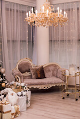 Beautiful sofa in the New Year's interior. Luxury Apartment