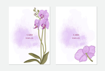 Modern floral design for a card, wedding invitation, congratulation, gratitude. Lilac orchids on a watercolor background. Vector