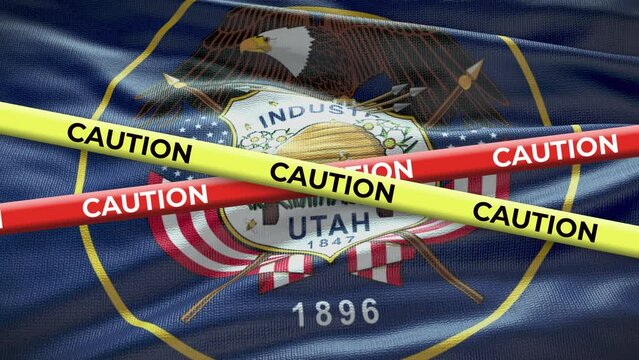 Utah state flag waving background with yellow caution tape animation