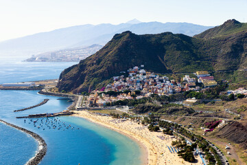 Panoramic view of famous beach Playa de las Teresitas near Santa Cruz de Tenerife from Mirador,Tenerife, Canary Islands, Spain