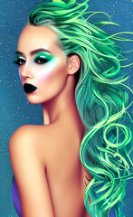 Portrait of a girl with creative makeup and hairstyle.  Illustration. Generated by Artificial Intelligence.