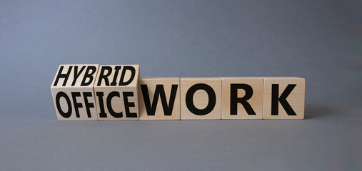 Hybrid work and office work symbol. Turned wooden cubes with words Hybrid work and Office work. Beautiful grey background. Business and success concept. Copy space - obrazy, fototapety, plakaty