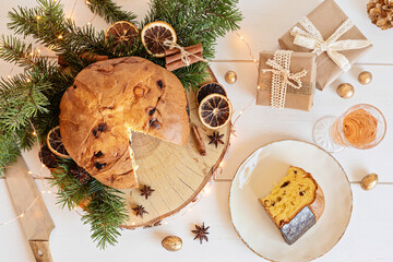 Panettone, traditional italian Christmas sweets for winter holidays celebration. Cristmas desert,...