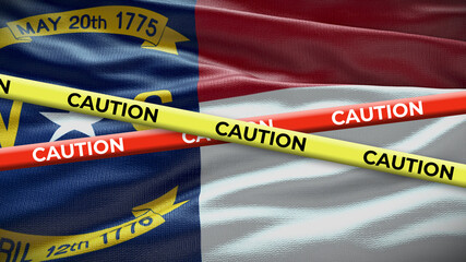 North Carolina state symbol flag with caution tape. 3D illustration