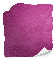 Podarta pogięta różowa karteczka z zagiętym rogiem. Różowe akwarelowe papierowe tło. - obrazy, fototapety, plakaty
