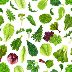 Naklejka na ściany i meble Salad leaf set seamless pattern vector illustration. Cartoon isolated mix of green vegetables and raw leaves of plants, organic vitamin ingredients collection for cooking healthy leafy salad