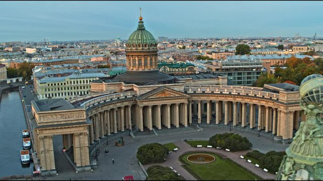 Fly over Kazan Cathedral. Visit card of Saint Petersburg. Morning aerial view.
