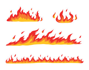 Fire flame. Cartoon bonfire and fiery borders decorative elements. Colorful templates for burning building, vector hot set