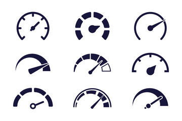 Speed signs. Speedometer black icons set. Speed indicators with arrows. Fast speed. Internet speed, gauge, dashboard, indicator, tachometer, scale. Credit score indicator. Risk levels meter icon - obrazy, fototapety, plakaty
